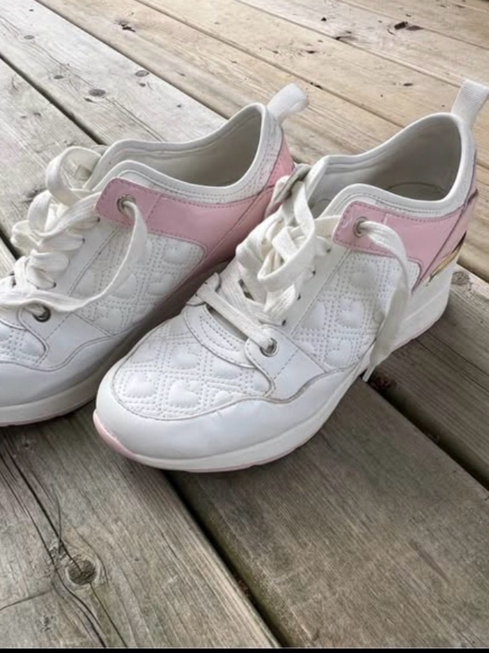 Aldo White and Pink Quilted Lace-Up Sneakers